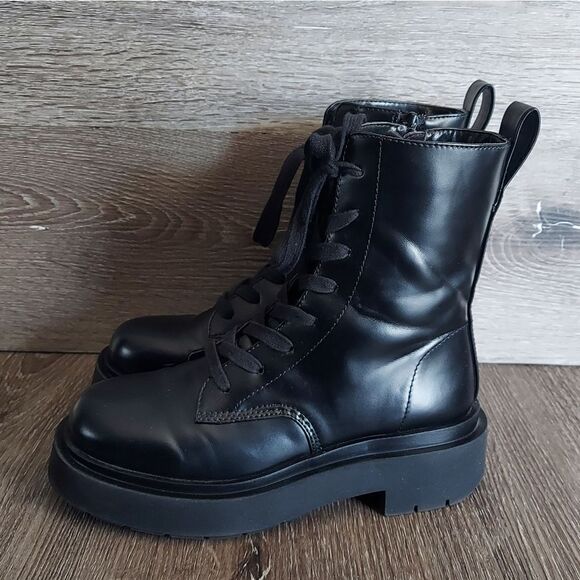 H&M Black Faux Leather Combat Style Lace Up/ Zip Platform Boots Sz 5 (37 EU) - Picture 4 of 9